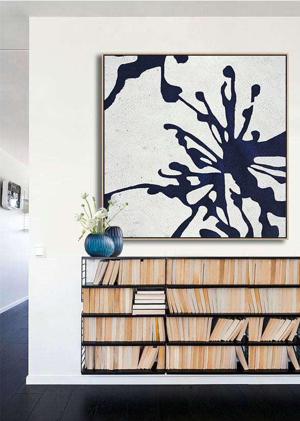 Large Abstract Painting Canvas Art,Hand Painted Navy Minimalist Painting On Canvas,Giant Canvas Wall Art